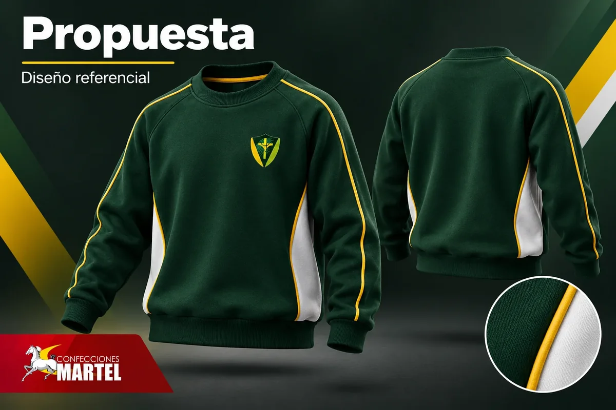 Polera verde de cuello redondo con vivos amarillos y paneles blancos, vistas frontal y posterior; propuesta independiente con escudo ELIM.