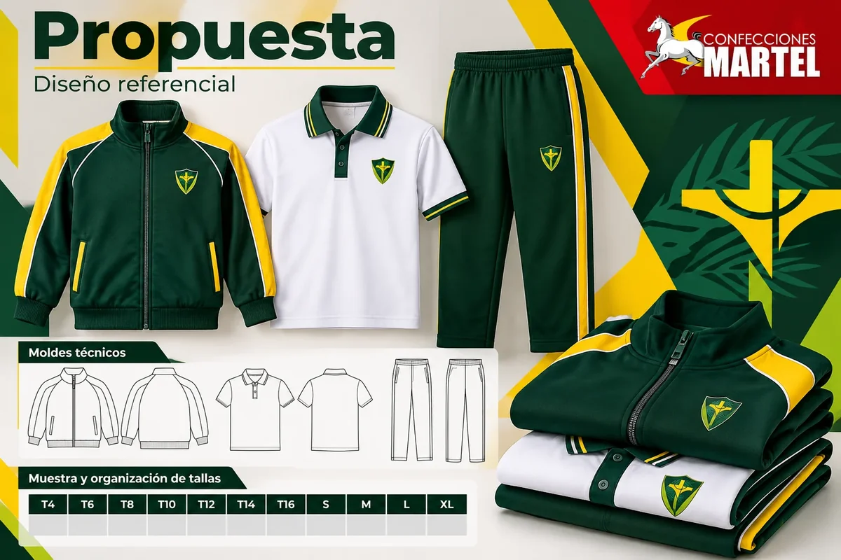 Propuesta de casaca verde, polo blanco y pantalón verde, prendas dobladas, dibujos esquemáticos y tabla vacía de tallas; referencia ELIM en Mi Perú.