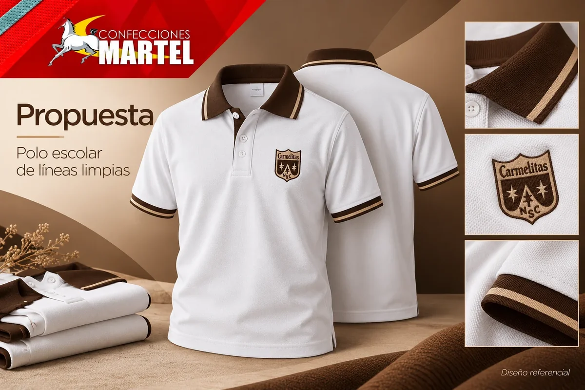 Propuesta Martel de polo escolar de líneas limpias con referencia Colegio Nuestra Señora del Carmen Carmelitas en Miraflores