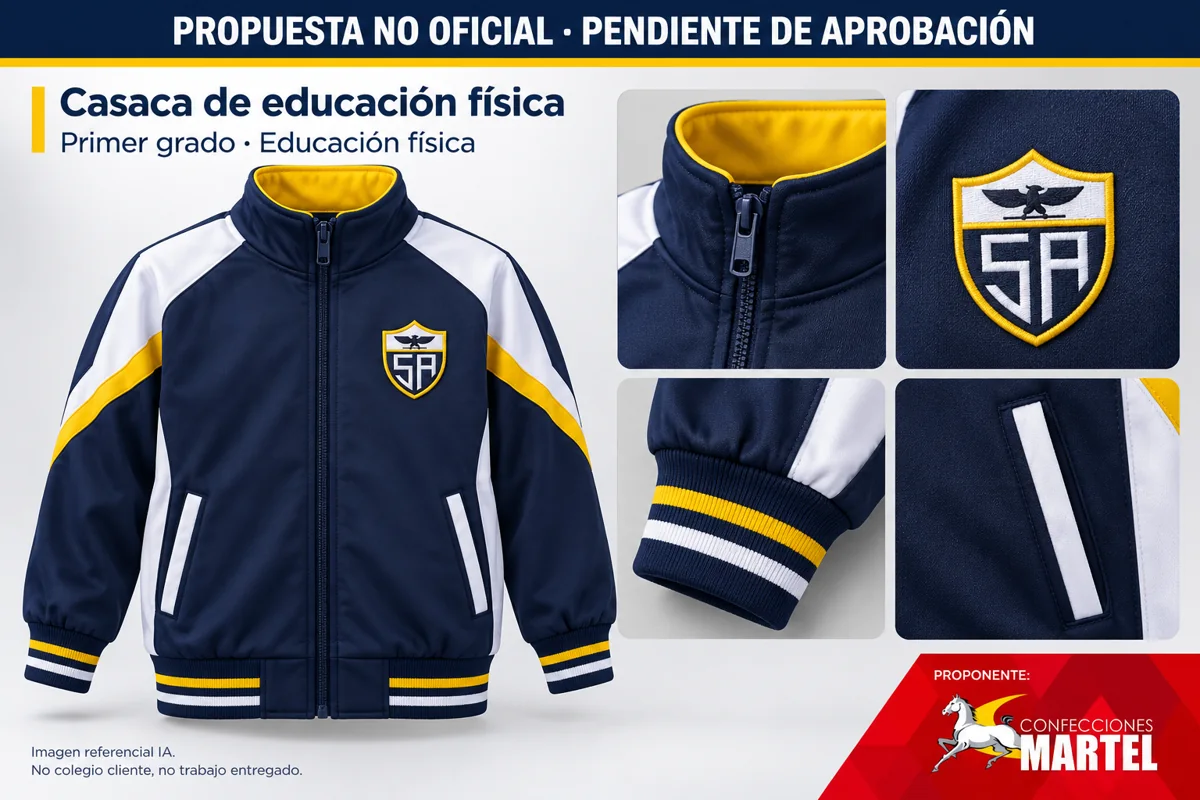 Maqueta no oficial de casaca de educación física para primer grado, con escudo escolar como aplicación propuesta y marca Martel.