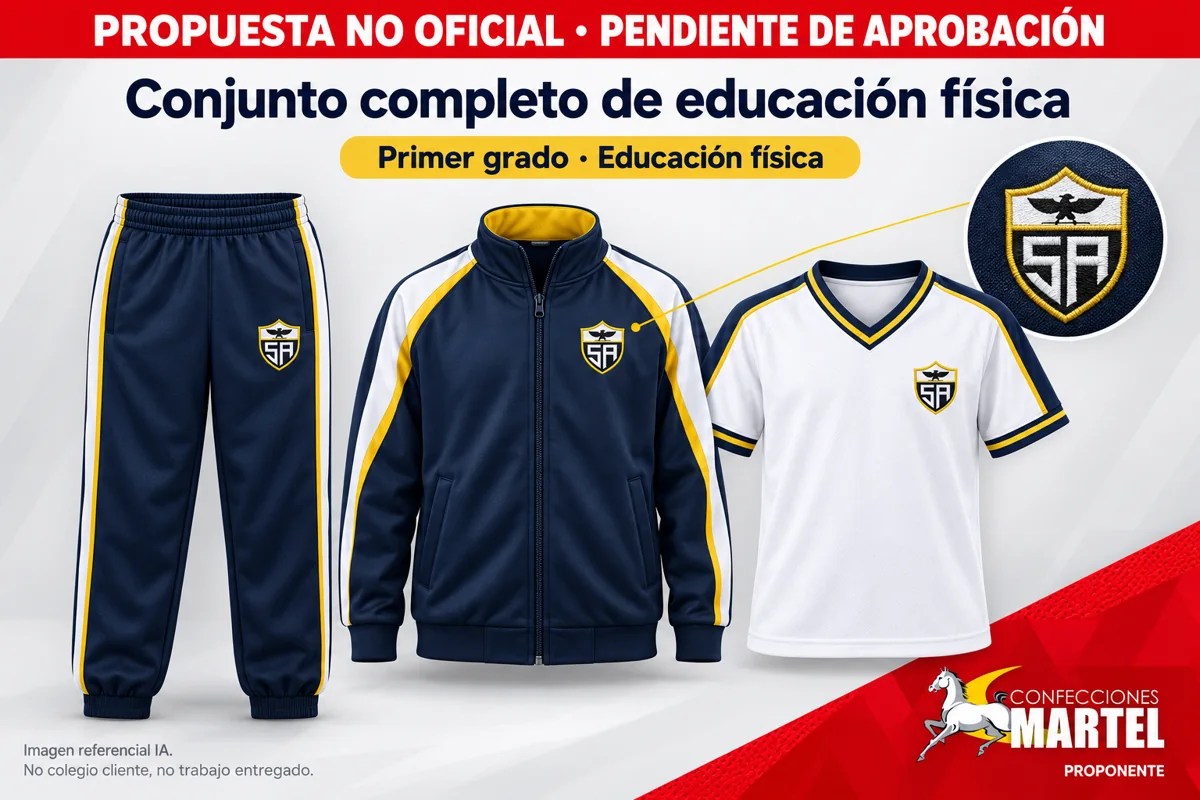 Maqueta no oficial de conjunto completo de educación física para primer grado, con escudo escolar como aplicación propuesta y marca Martel.