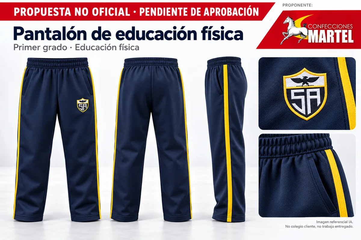 Maqueta no oficial de pantalón de educación física para primer grado, con escudo escolar como aplicación propuesta y marca Martel.