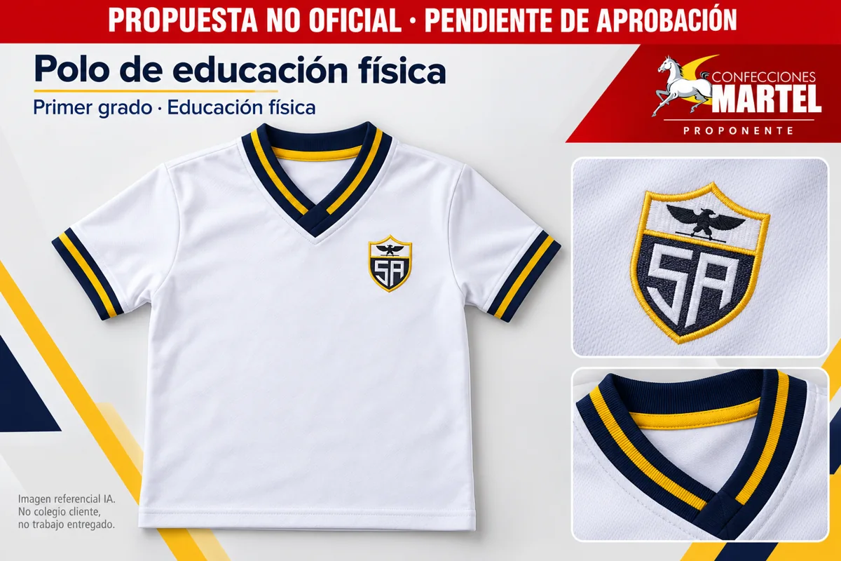 Maqueta no oficial de polo de educación física para primer grado, con escudo escolar como aplicación propuesta y marca Martel.