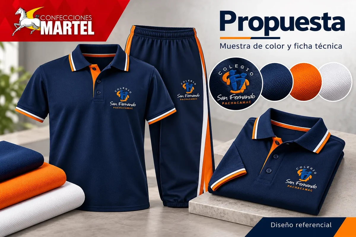 Propuesta de polo y pantalón azul oscuro con detalles naranja, muestras textiles y acercamiento de identificación San Fernando Pachacámac