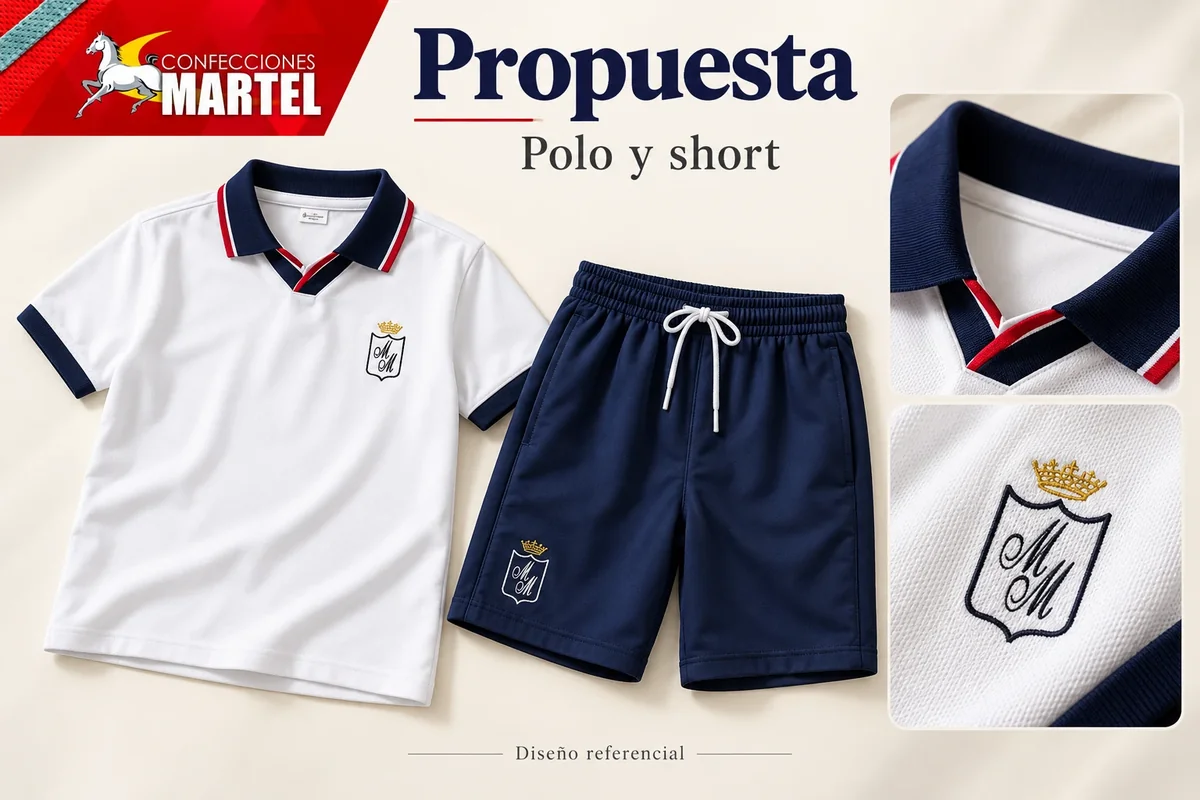 Propuesta de polo escolar blanco de cuello azul oscuro y short azul marino inspirada en la lámina oficial de María Medalla Milagrosa