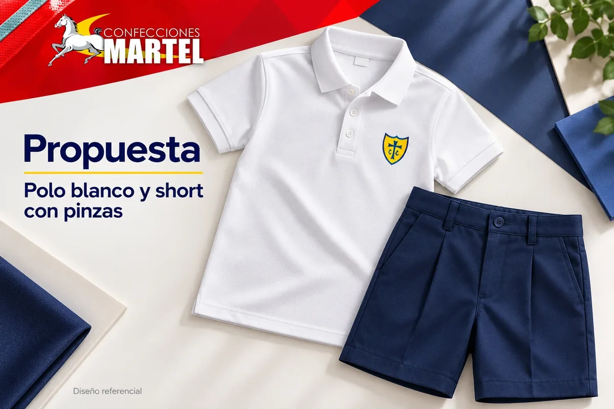Propuesta Martel de polo blanco y short con pinzas con referencia Institución Educativa Privada De la Cruz en Pueblo Libre