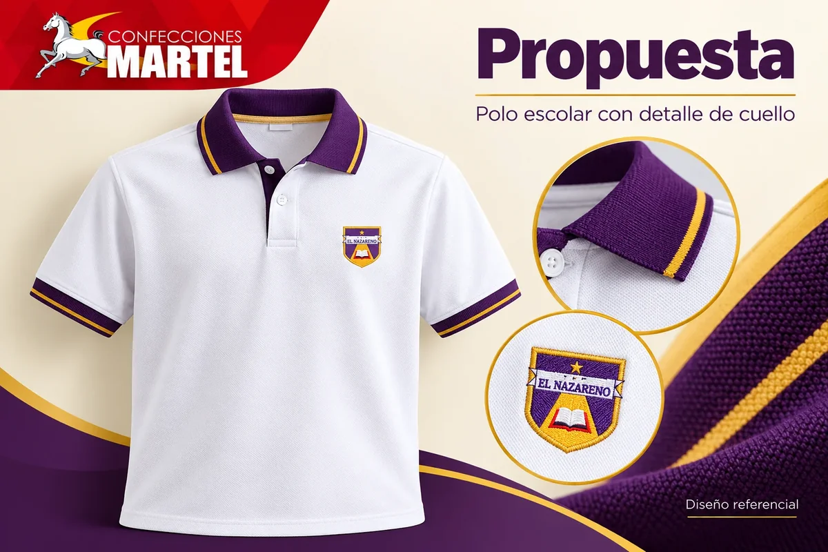 Propuesta Martel de polo escolar con detalle de cuello con referencia I.E.P. El Nazareno en Rímac