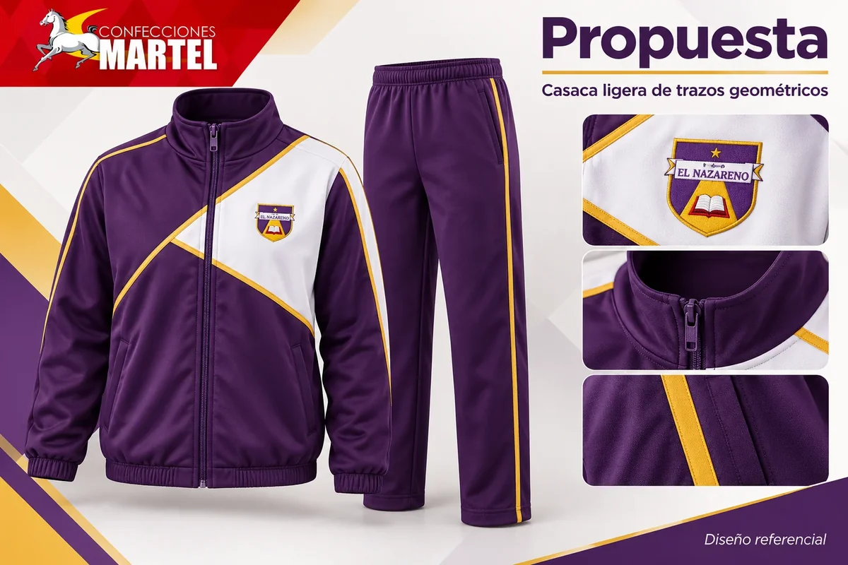 Propuesta Martel de casaca ligera de trazos geométricos con referencia I.E.P. El Nazareno en Rímac