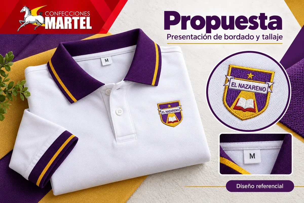 Propuesta Martel de presentación de bordado y tallaje con referencia I.E.P. El Nazareno en Rímac