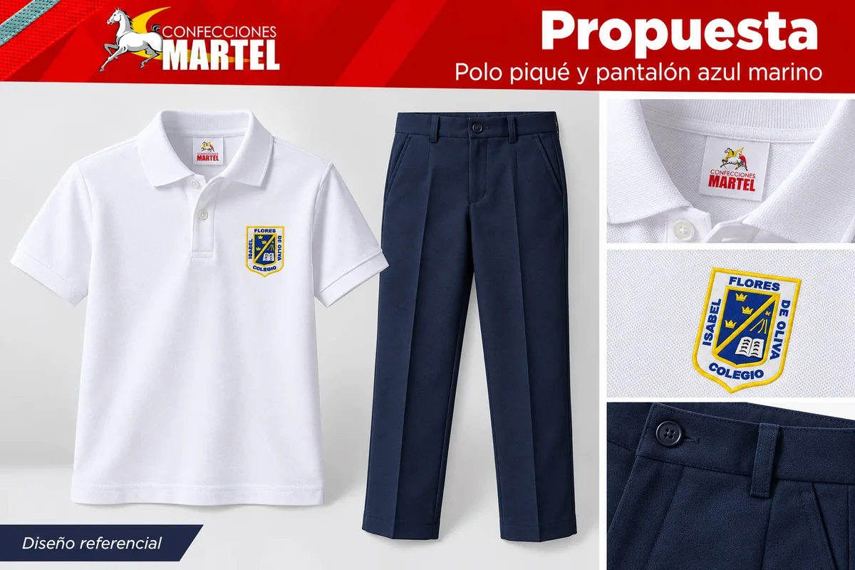 Propuesta Martel de polo piqué y pantalón azul marino con referencia I.E. Isabel Flores de Oliva en San Isidro