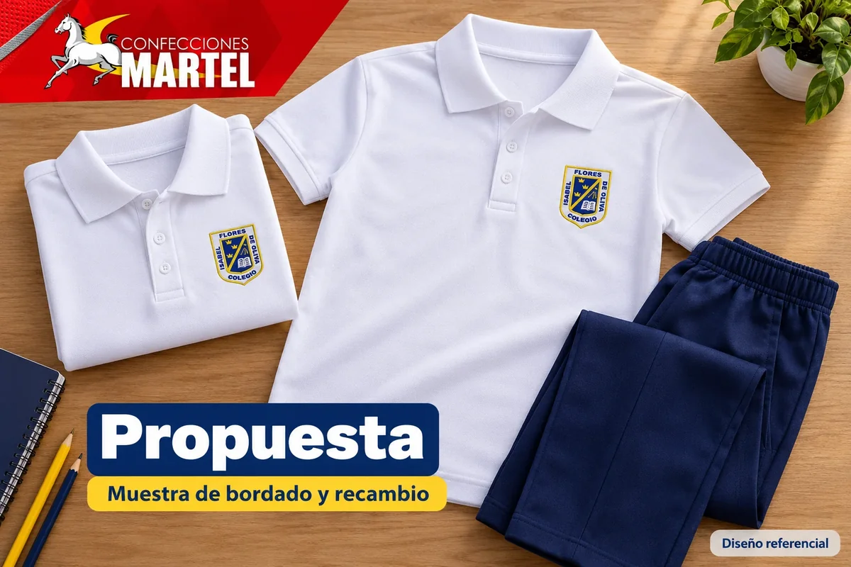 Propuesta de dos polos blancos y pantalón azul marino con identificación Isabel Flores de Oliva