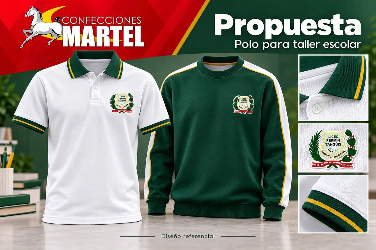 Propuesta de polo blanco y polera verde con identificación Liceo Fermín Tangüis SJL y detalles de cuello y manga