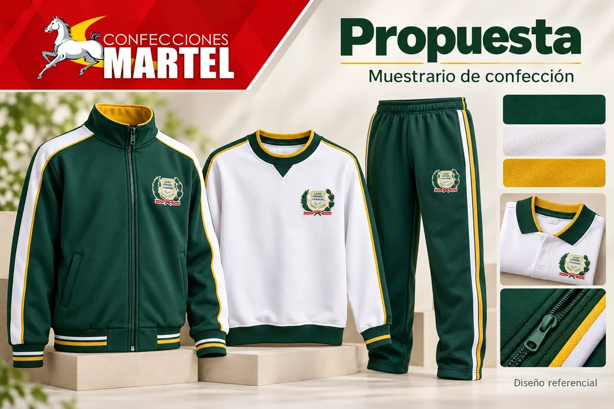 Propuesta de casaca, polera, pantalón y polo doblado, con muestras verde, blanco y mostaza para Liceo Fermín Tangüis SJL