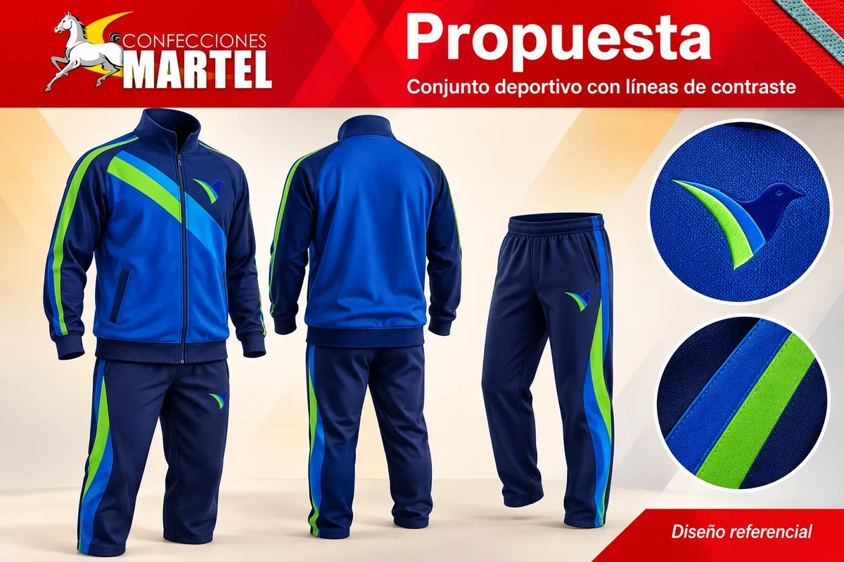 Propuesta Martel: conjunto deportivo con líneas de contraste para referencia Vanguard Schools en San Martín de Porres