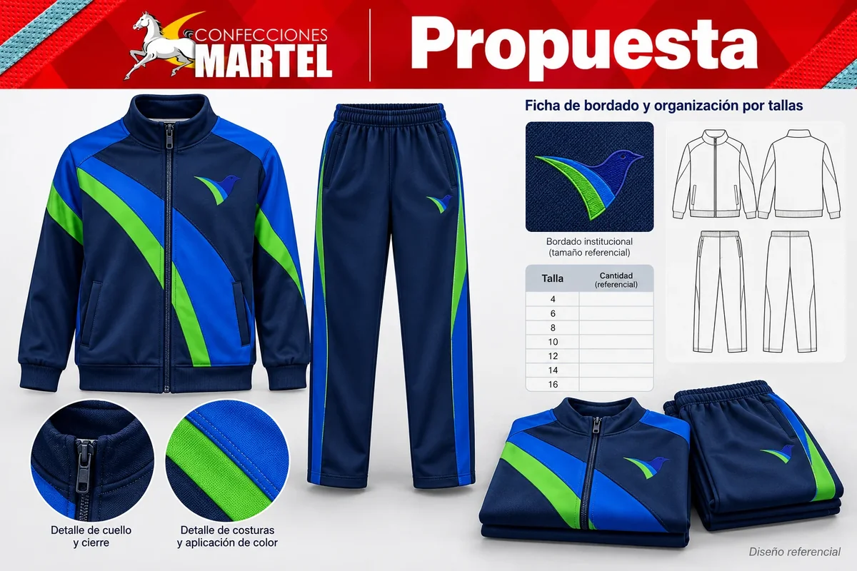 Propuesta Martel: ficha de bordado y organización por tallas para referencia Vanguard Schools en San Martín de Porres