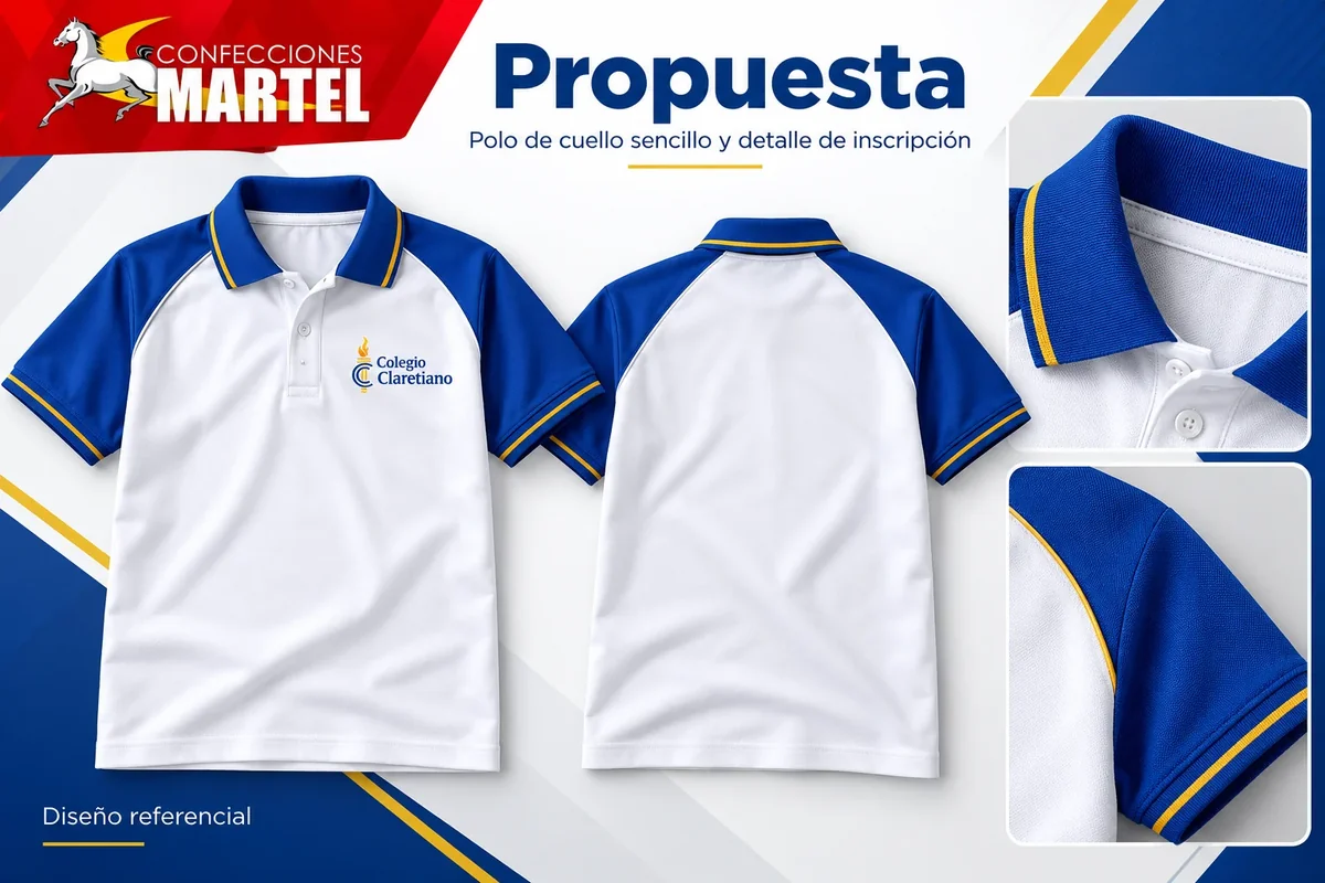 Propuesta Martel: polo de cuello sencillo y detalle de inscripción para referencia Claretiano en San Miguel