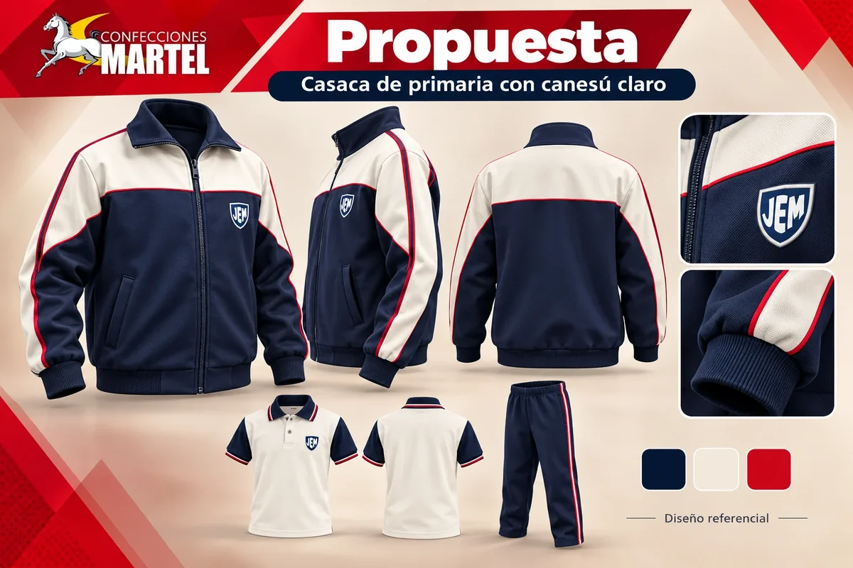 Propuesta Martel: casaca de primaria con canesú claro para referencia Juan Espinoza Medrano en Santa Anita