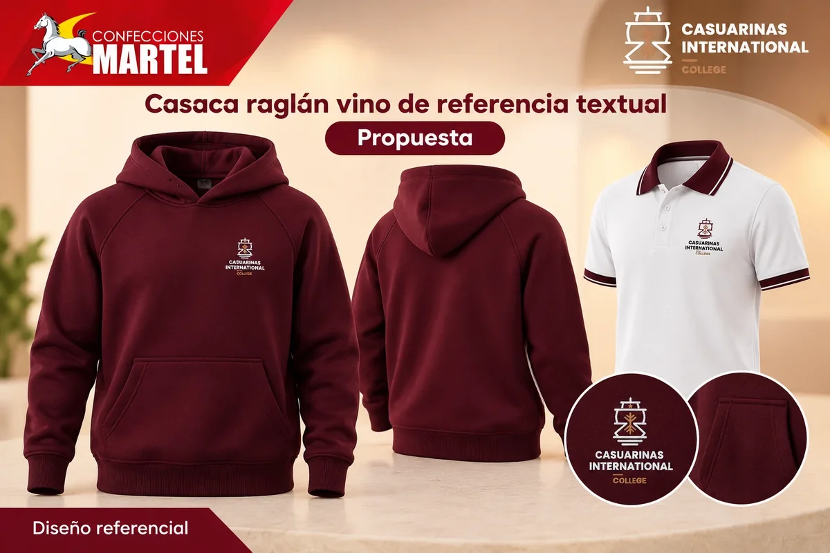 Propuesta Martel: casaca raglán vino de referencia textual para referencia Casuarinas International College en Santiago de Surco