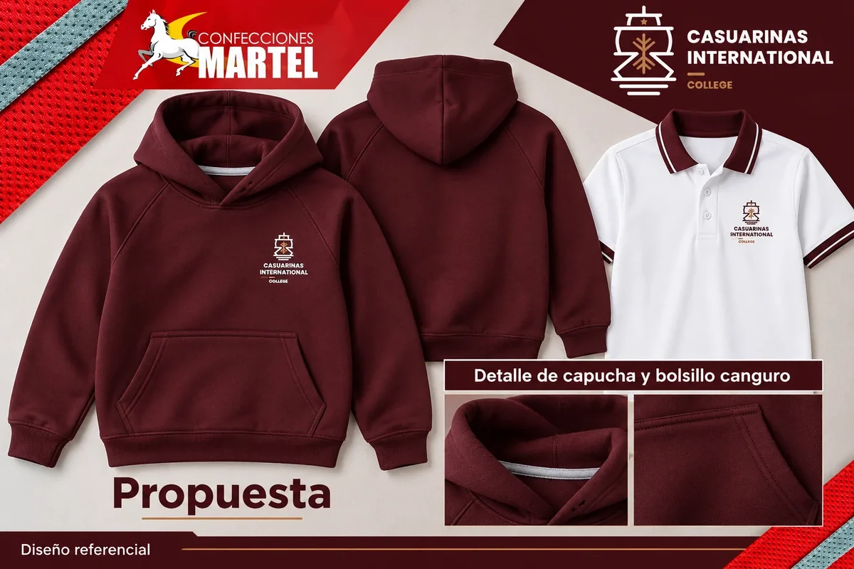 Propuesta Martel: detalle de capucha y bolsillo canguro para referencia Casuarinas International College en Santiago de Surco