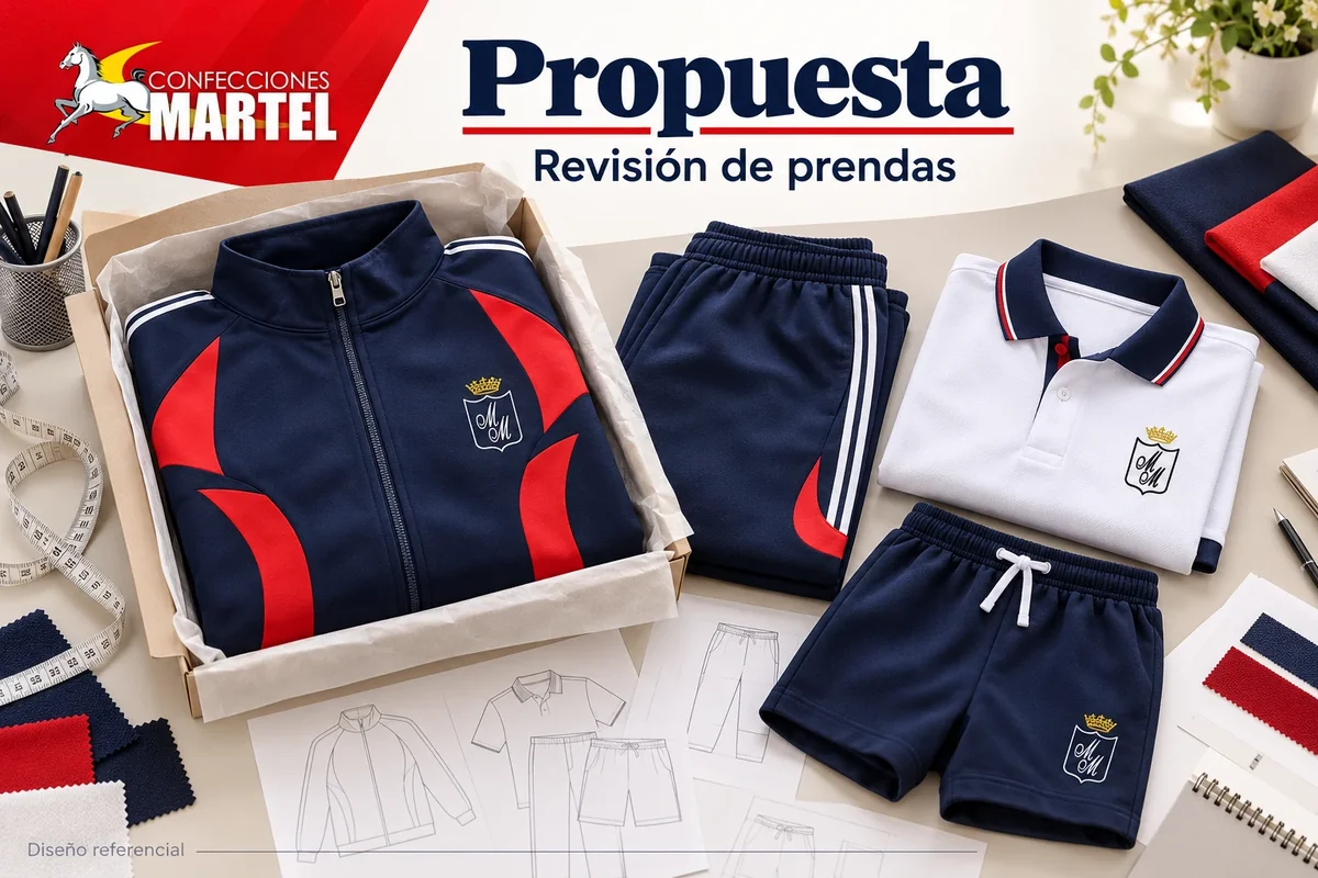 Propuesta de casaca, pantalón, polo y short doblados sobre mesa con bocetos, cinta métrica y muestras textiles