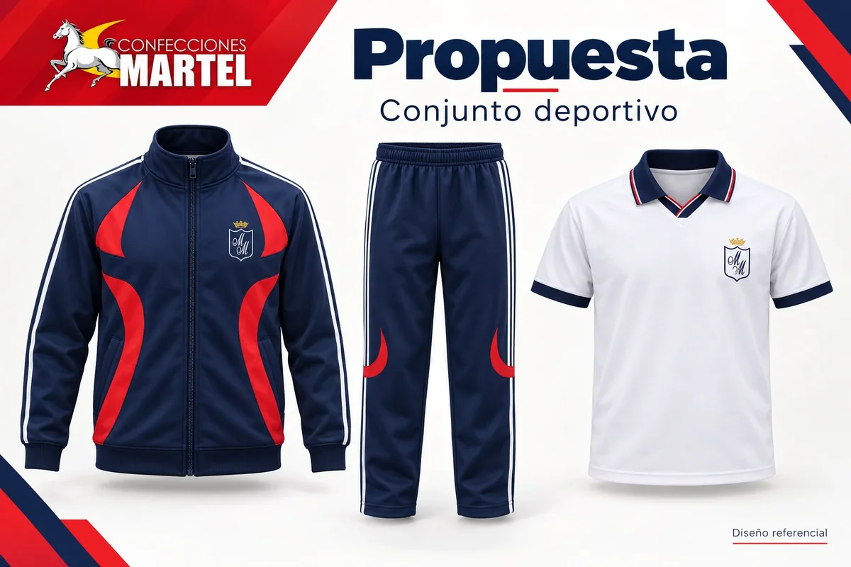 Propuesta Martel de casaca azul marino con rojo, pantalón y polo blanco para la referencia María Medalla Milagrosa en Comas