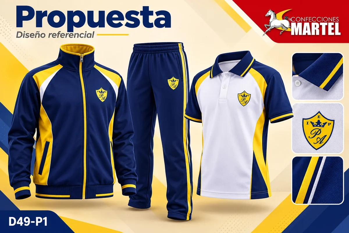 Propuesta de casaca y pantalón azul marino con amarillo y polo blanco, identificados con escudo de Príncipe de Asturias; diseño independiente para Ventanilla.