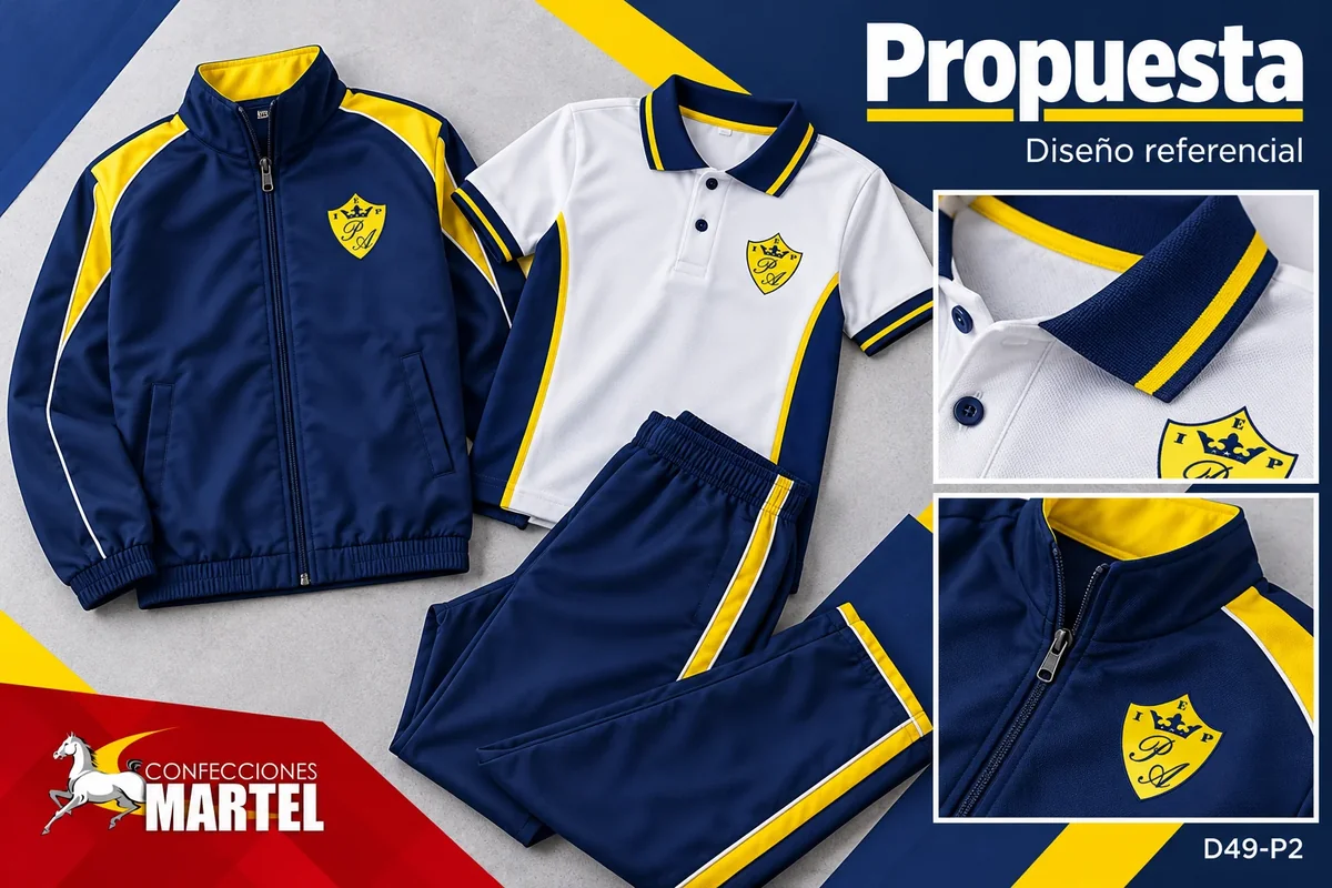 Polo blanco, casaca y pantalón azul marino con acentos amarillos, junto a detalles de cuello y cierre; propuesta independiente para Ventanilla.