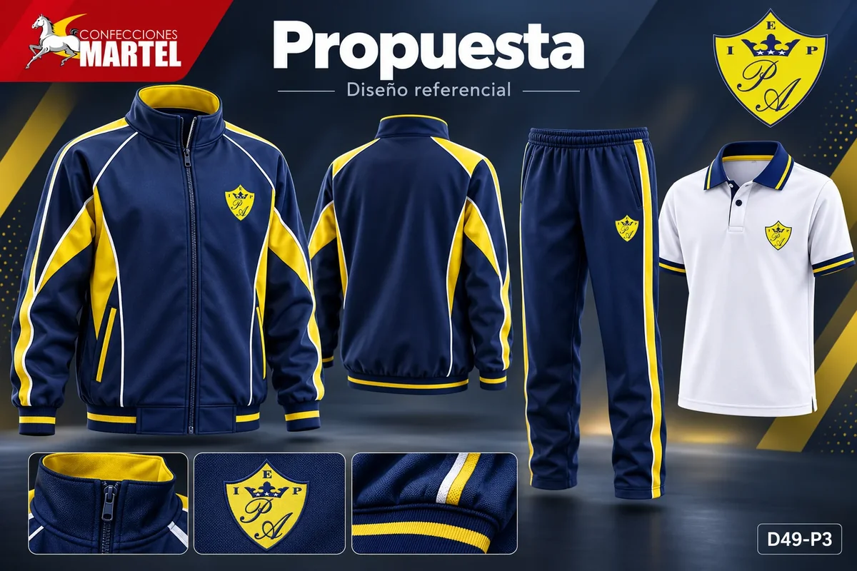 Casaca azul y amarilla en vistas frontal y posterior, pantalón y polo blanco con escudo de referencia Príncipe de Asturias.