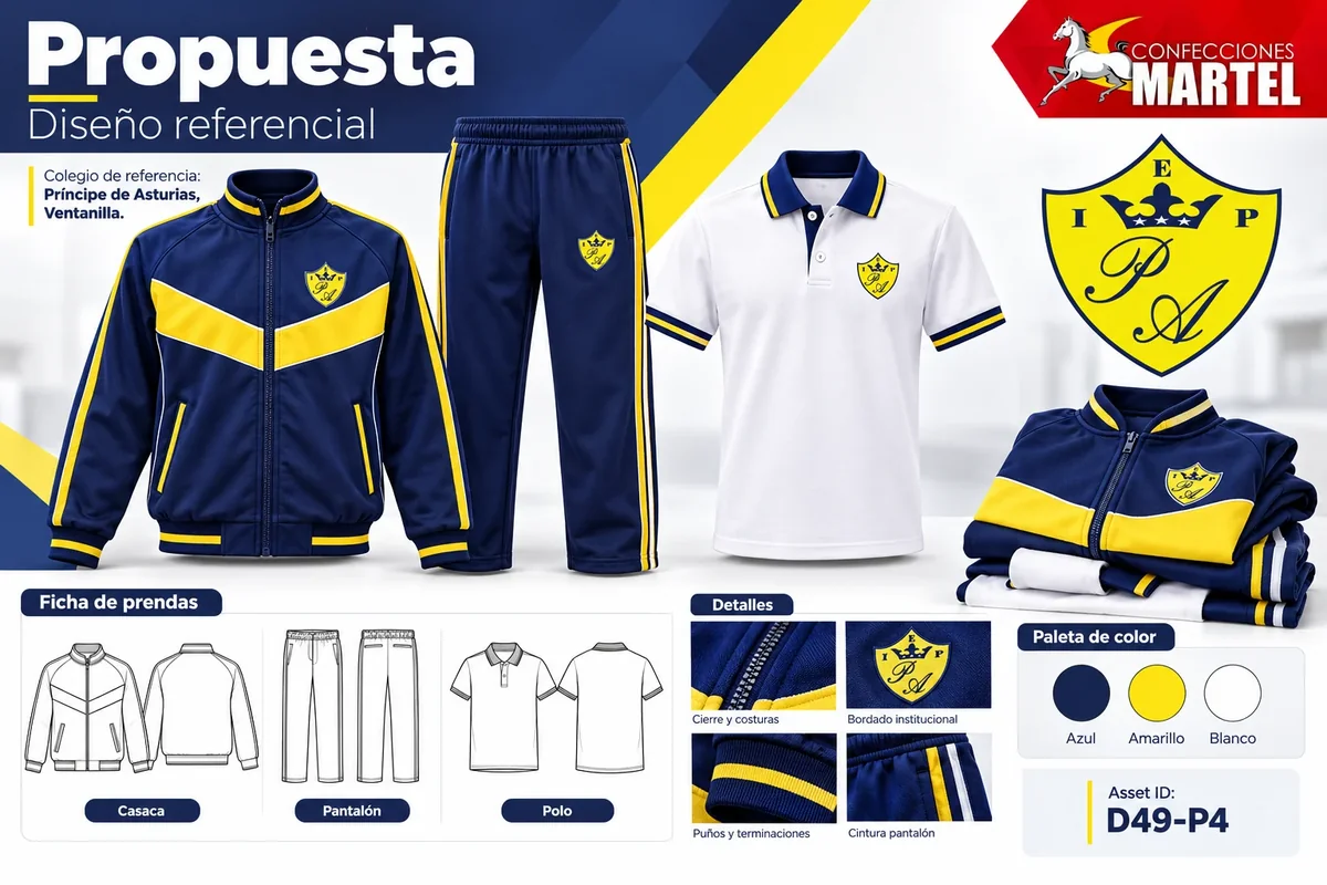 Variante de casaca con franja amarilla en el pecho, pantalón y polo blanco, prendas dobladas y dibujos esquemáticos de la propuesta para Ventanilla.