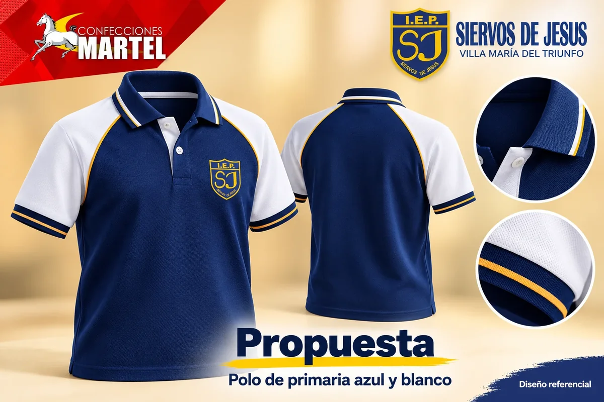 Propuesta Martel: polo de primaria azul y blanco para referencia Siervos de Jesús en Villa María del Triunfo