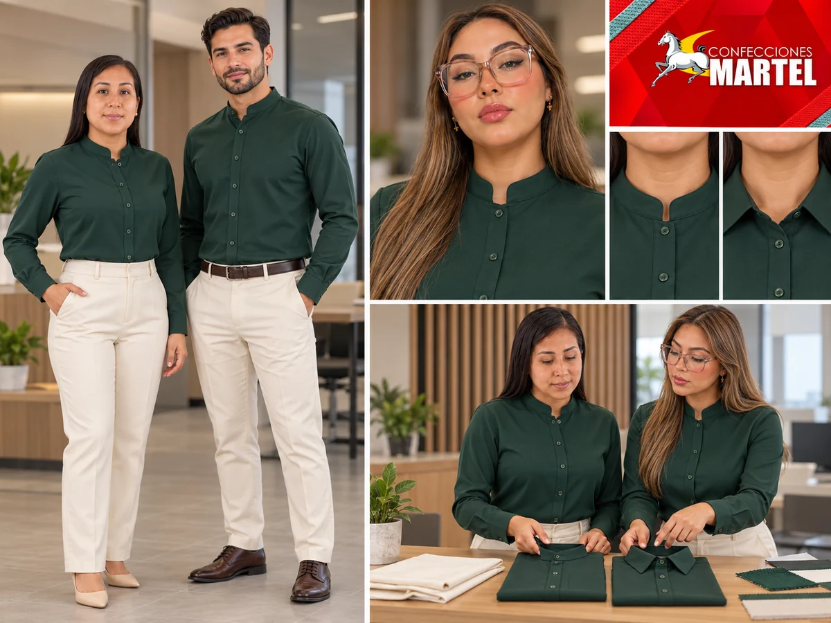 Propuestas de camisa cuello mao verde bosque y marfil con comparación de cuellos