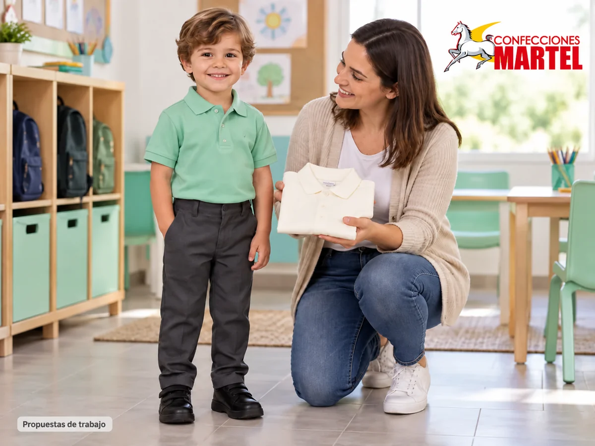 Propuesta ilustrativa Martel: niño vestido junto aadulto con polo adicional doblado.