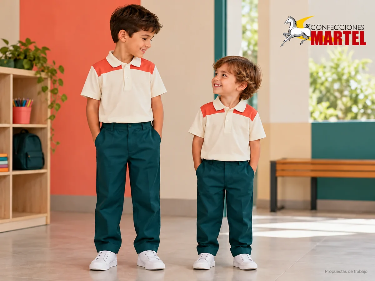 Dos niños de distinta estatura muestran polos marfil con canesú coral y pantalones petróleo. Propuesta referencial de propuesta de Confecciones Martel.
