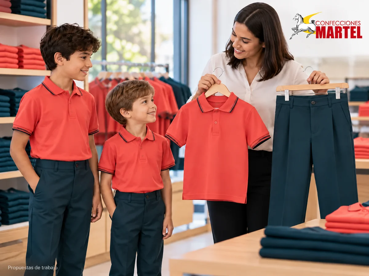 Adulto sostiene polo coral y pantalón petróleo separados junto a dos niños vestidos. Propuesta referencial de propuesta de Confecciones Martel.