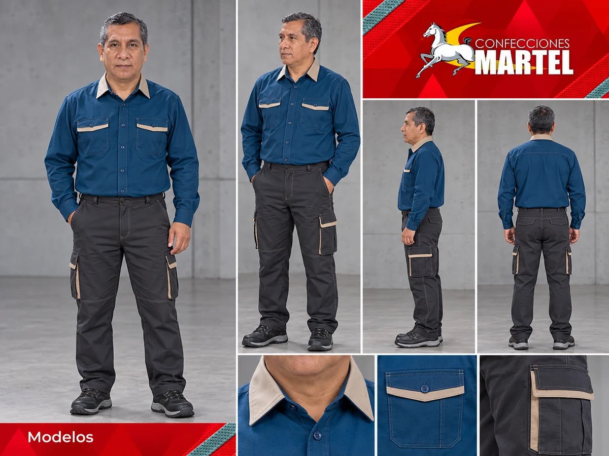 Vistas del modelo con camisa azul petróleo, cuello y bolsillos arena y pantalón cargo grafito.