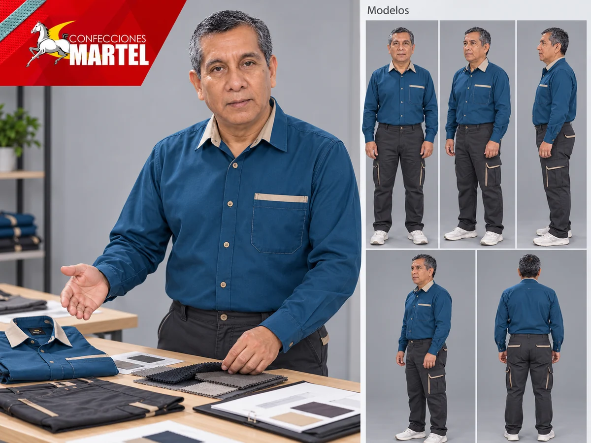 Modelo con variante de camisa petróleo de bolsillo simple junto a retales y carpeta ilustrativa.