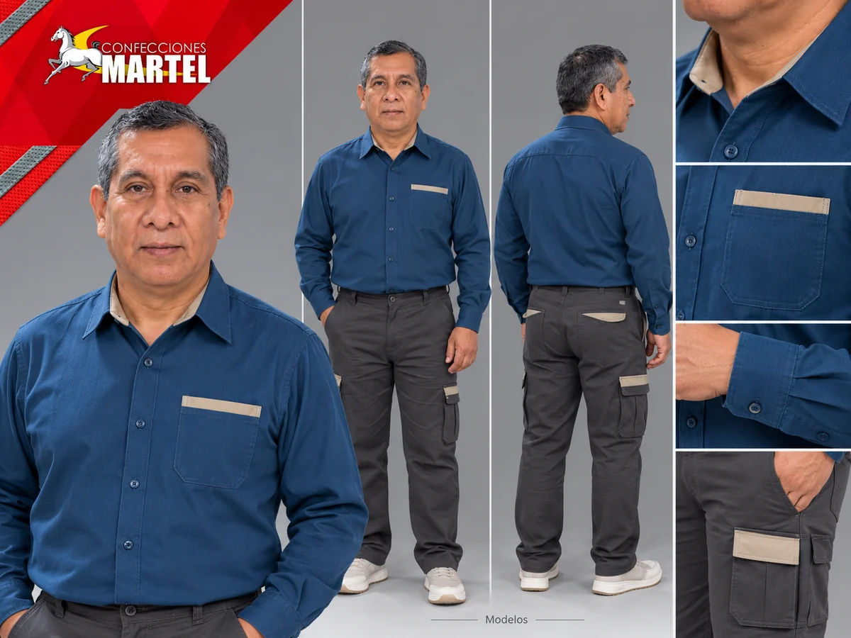 Vistas y detalles de variante de camisa petróleo con bolsillo simple y pantalón grafito con acentos arena.