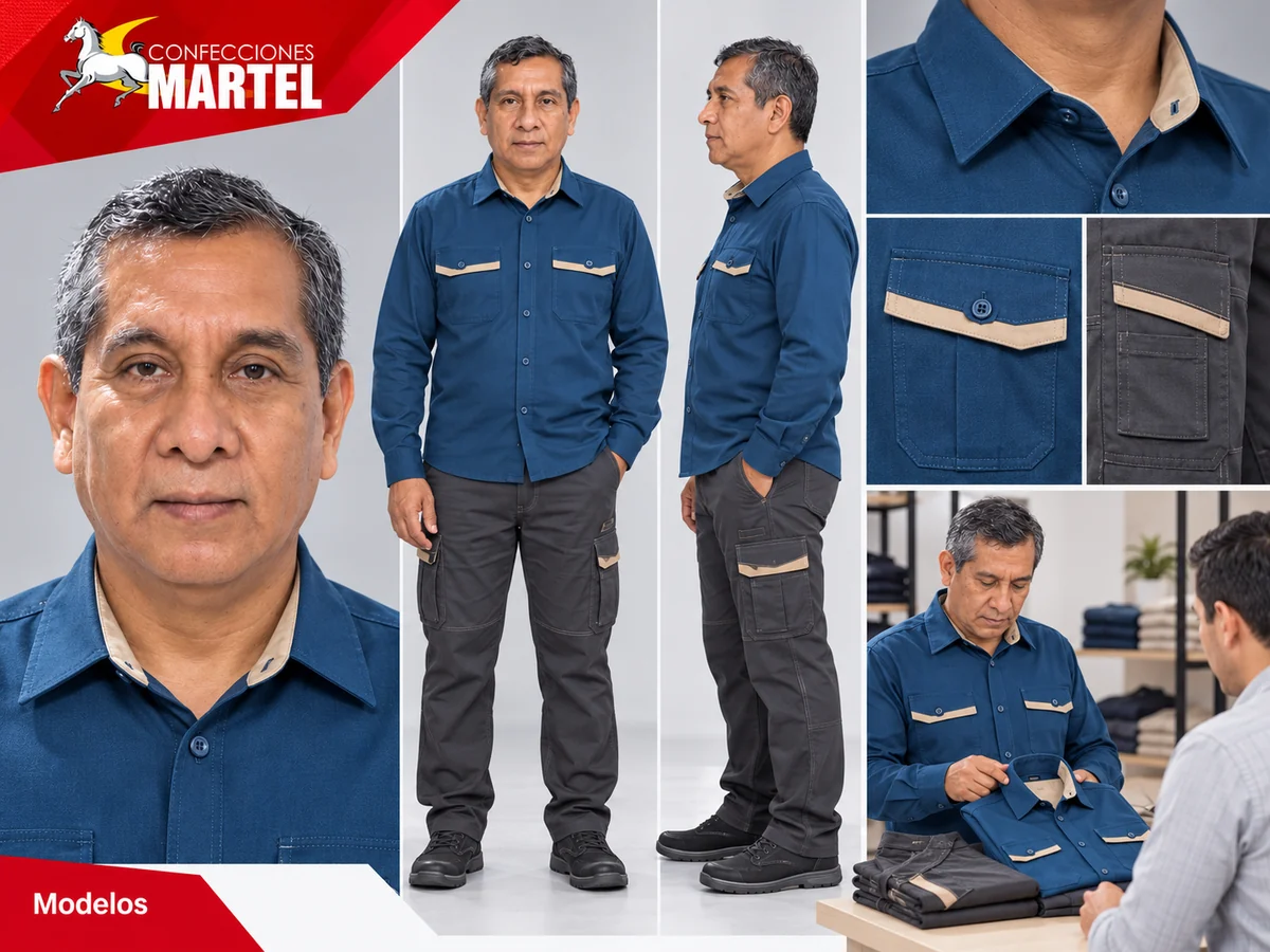 Vistas de camisa petróleo de bolsillos con tapa y escena de revisión de muestra con otro adulto.