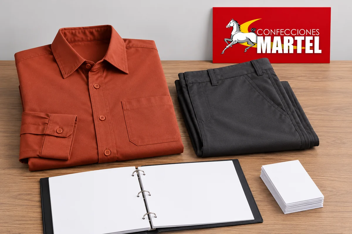 Camisa terracota y pantalón grafito doblados junto a carpeta abierta y pila de fichas blancas