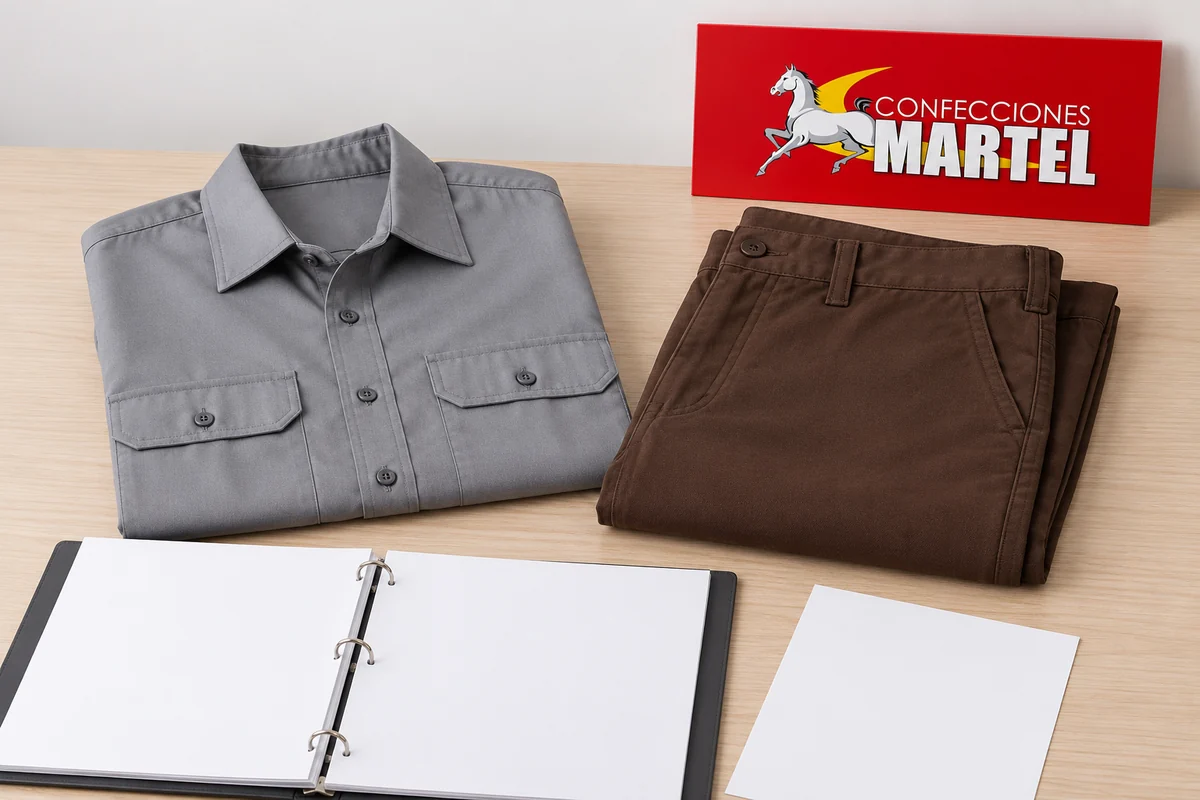 Camisa gris y pantalón chocolate doblados junto a carpeta y hoja sin datos