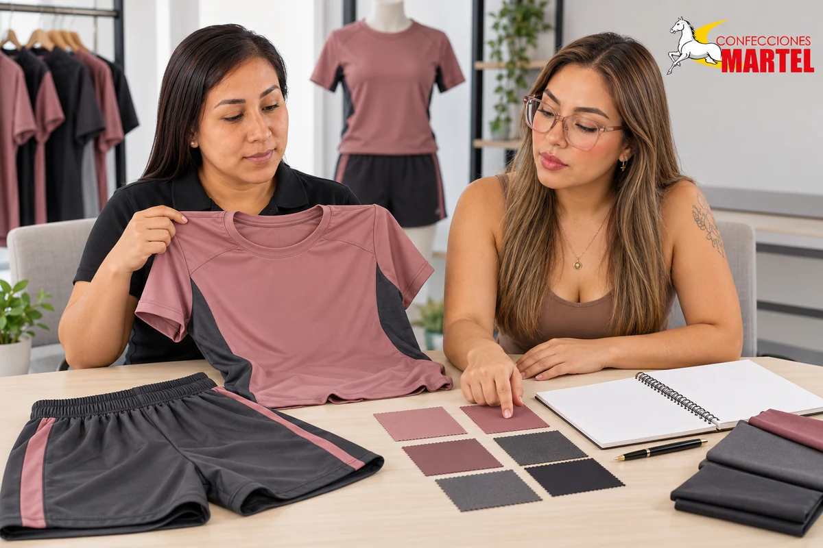 Dos adultas revisan camiseta rosa palo, short grafito y muestras de color sobre una mesa.