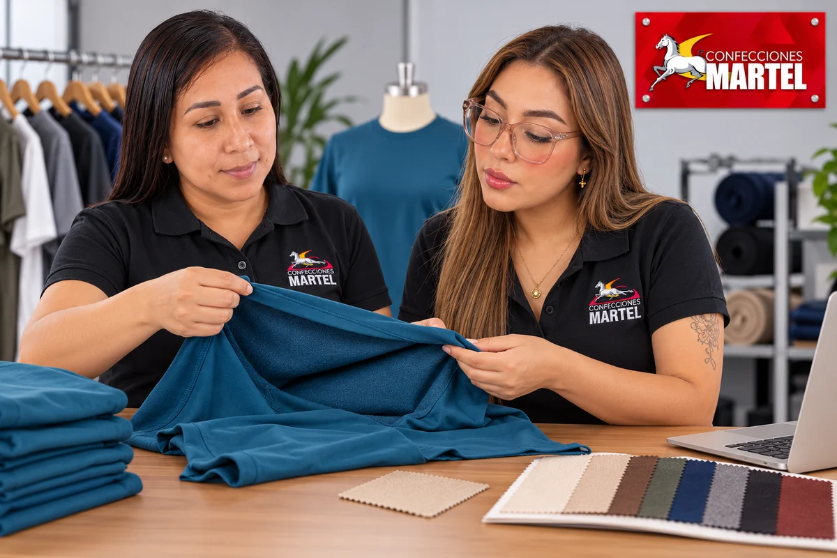 Revisión del bajo de camiseta azul petróleo sobre mesa