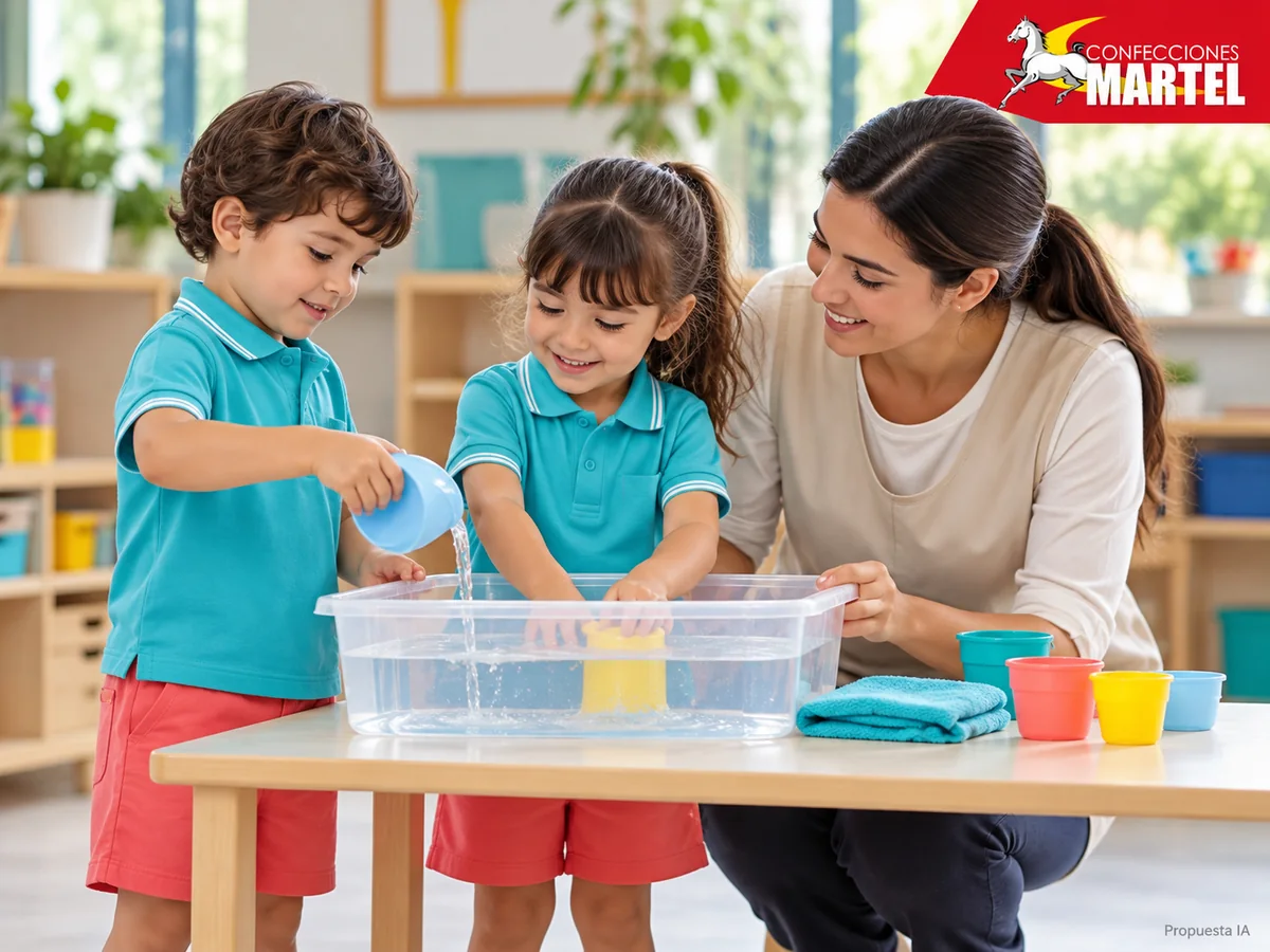 Dos niños con polos turquesa y shorts coral juegan con un recipiente de agua sobre una mesa, acompañados por un adulto. Propuesta referencial de propuesta de Confecciones Martel.