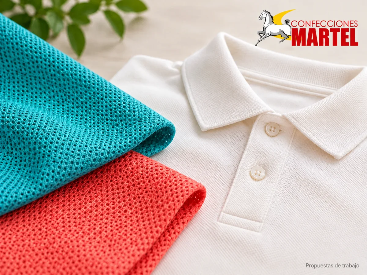 Detalle de polo marfil y muestras de tejido turquesa y coral, sin afirmaciones de impermeabilidad. Propuesta referencial de propuesta de Confecciones Martel.