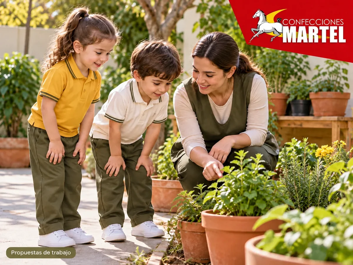 Propuesta ilustrativa Martel: niños observan plantas en macetas con adulto, manosvacías.