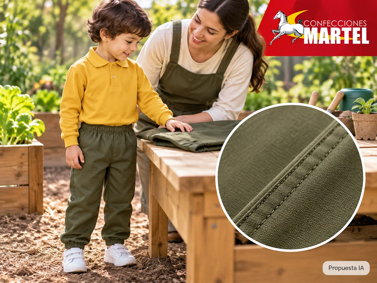 Propuesta ilustrativa Martel: detalle de tela y costura sin símbolo repelenteimpermeable.