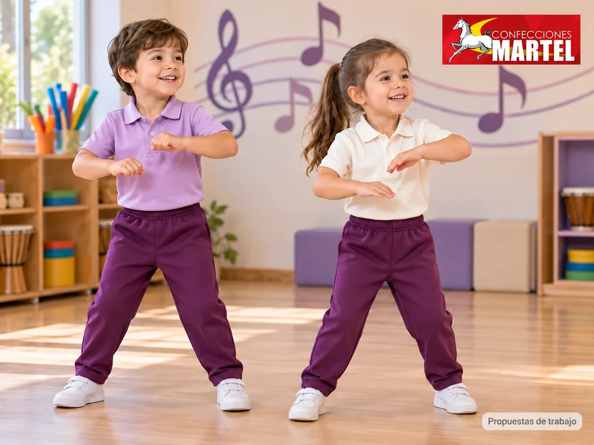 Propuesta ilustrativa Martel: niños en actividad musical con brazos a altura cómoda, sin instrumentos pequeños.