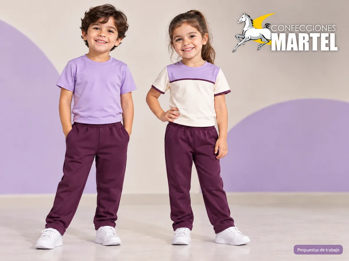 Propuesta ilustrativa Martel: dos niños con polo liso y otro panel bicolor.