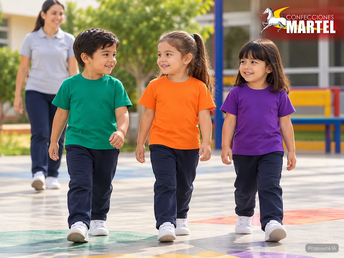 Propuesta de trabajo Martel: Tres niños ficticios caminan con polos esmeralda, naranja y violeta bajo supervisión adulta.