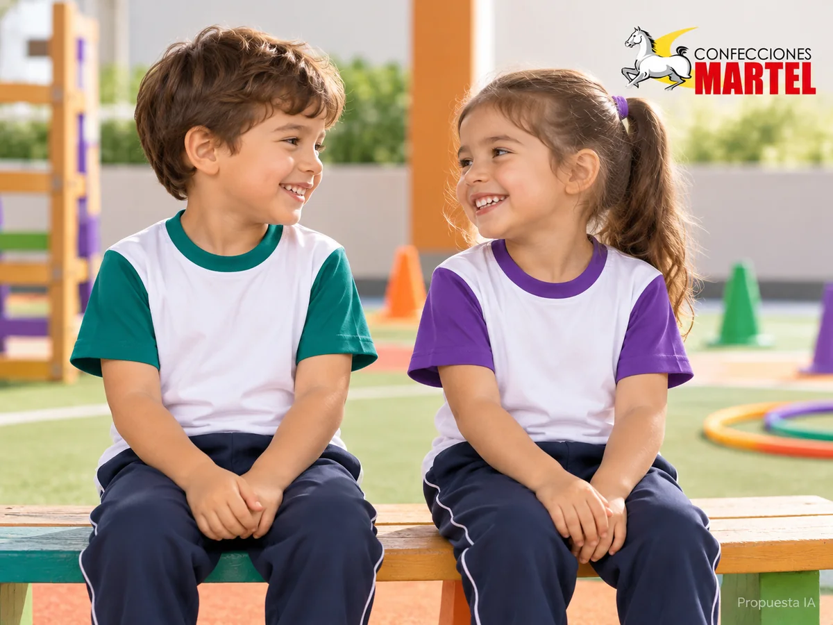 Propuesta de trabajo Martel: Dos niños ficticios sentados con polos blancos de mangas y cuello esmeralda y violeta.
